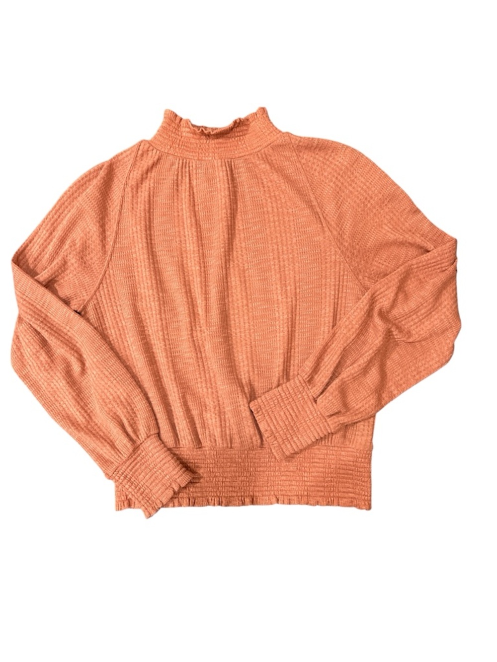 Free People Lightweight Waffle-Knit Ruffle Mock Neck Sweater Peach sz XS
